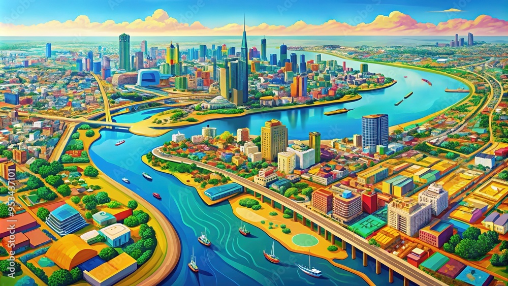 Naklejka premium Vibrant digital illustration of Lagos, Nigeria's intricate map, showcasing key landmarks, roads, and waterways, with bold colors and geometric shapes, highlighting urban density.