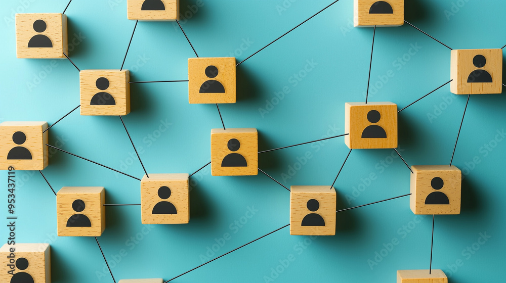 Icons of people on wooden blocks connected by lines. Concexions between people, teamwork, union, collaboration, concept of social network connections and human emotions. Blue background, copy space. Icons of people on wooden blocks connected by lines. Concexions between people, teamwork, union, collaboration, concept of social network connections and human emotions. Blue background, copy space.