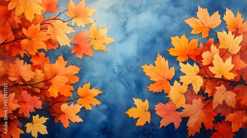 Sunlit blue sky and vivid yellow maple leaves with watercolor effect for Thanksgiving