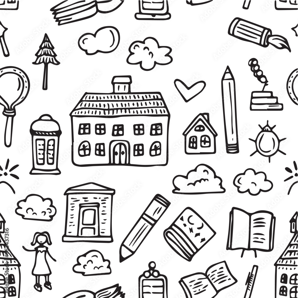 Fototapeta premium Charcoal Doodle Scribble Seamless Pattern Educational Objects in a Hand Drawn Vector Style Ideal for Back To School Themes with for Creative Projects