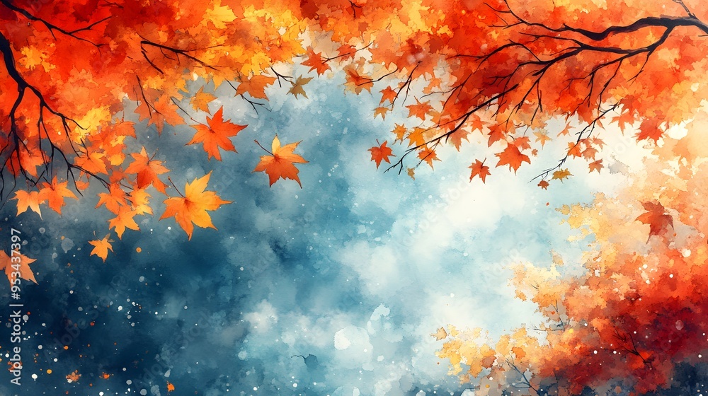 Fototapeta premium Thanksgiving backdrop in watercolor style with golden-yellow maple leaves and a bright blue sky