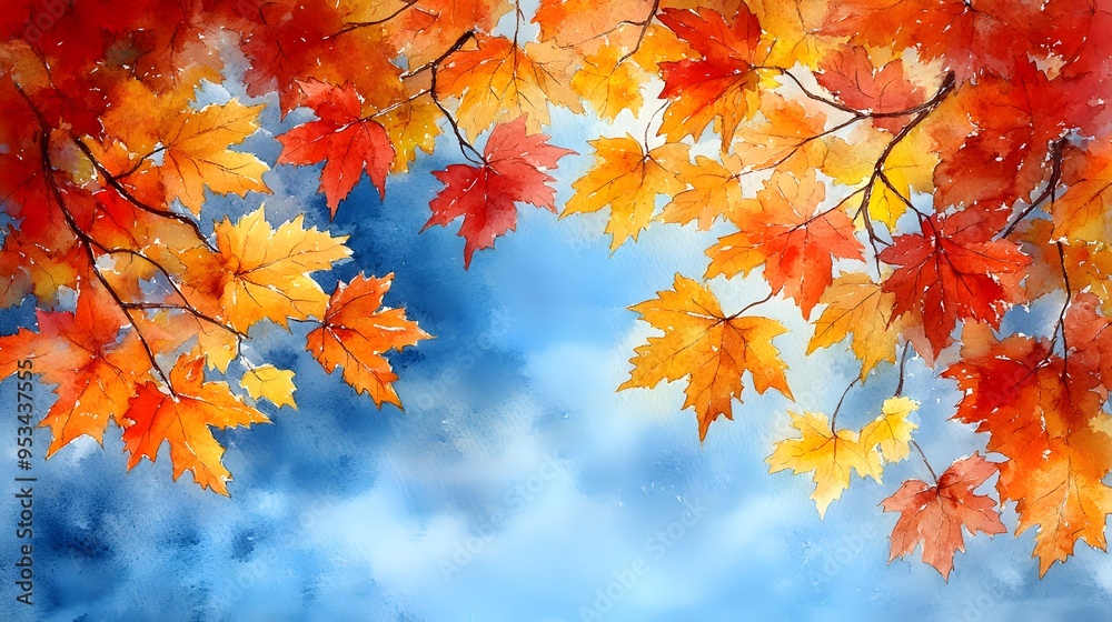 Bright blue sky and glowing yellow maple leaves with sunlight in watercolor for Thanksgiving Bright blue sky and glowing yellow maple leaves with sunlight in watercolor for Thanksgiving