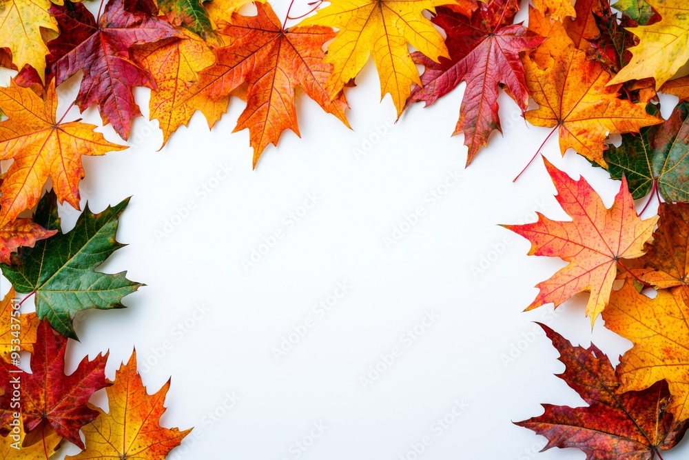 Fototapeta premium Autumn Maple Leaves Flat Lay White Background created with Generative AI