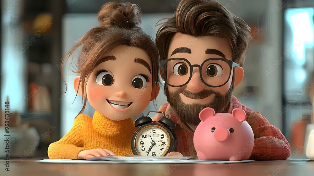 Obraz premium Personal finance and budgeting scene with a couple in 3D cartoon animation style