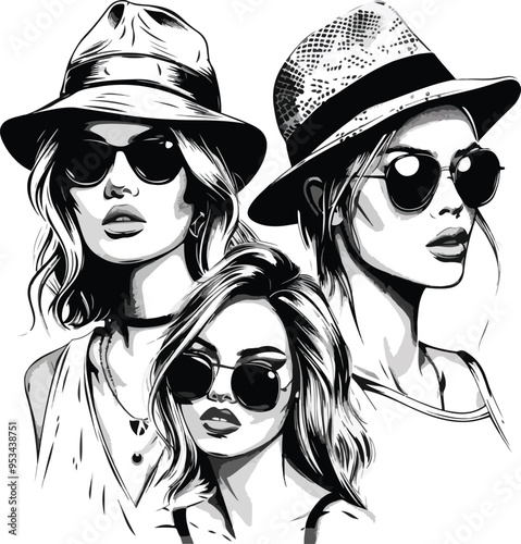 Three fashionable women in sunglasses and hats illustrated in charcoal doodle style perfect for t-shirt designs apparel stickers posters wall art trendy aesthetic minimalist vector artwork