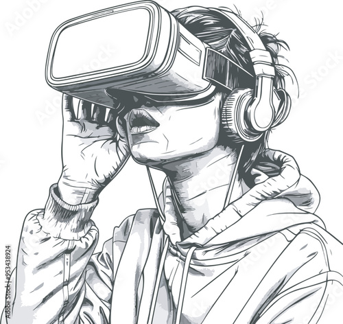 Charcoal doodle of a woman wearing a VR headset showcasing virtual reality technology gaming and entertainment setting highlighting immersive experiences and digital innovation in a 3D illustration