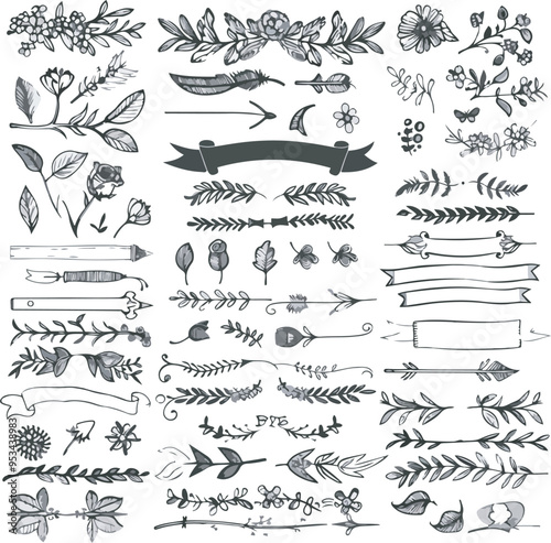 Wallpaper Mural Hand drawn floral decorative elements including arrows ribbons leaves flowers and herbs in a charcoal doodle style perfect for wedding graphics spring summer designs and floral clipart s Torontodigital.ca
