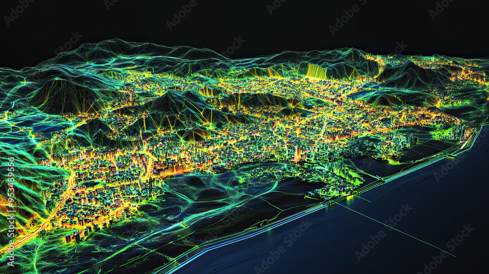 Technical aerial visual, 3D LiDAR GIS aerial map satellite scan model ...