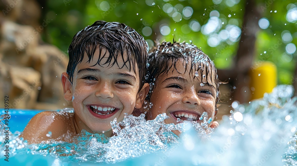 Playful children splashing in a sparkling waterfall, joyful laughter ...