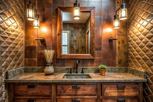 Bold Southwestern bathroom with leather backsplash, reclaimed wood vanity, vintage style Edison bulb sconces photo