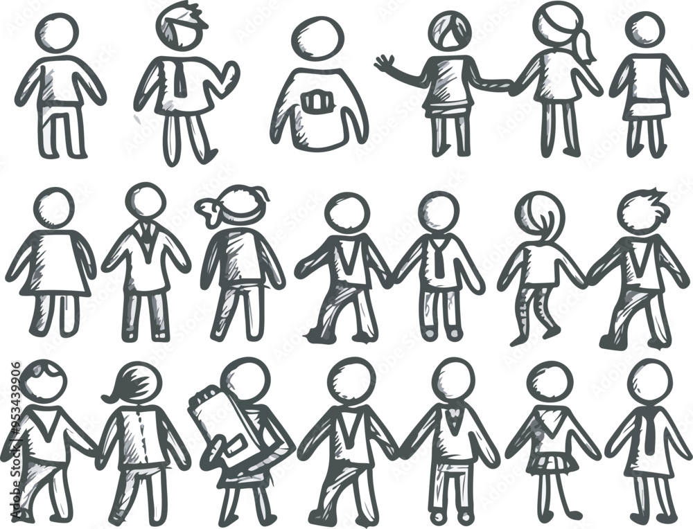 Charcoal doodle sketch of diverse stick figure people including men women and children in business casual attire representing teamwork education community and collaborative concepts in an design Charcoal doodle sketch of diverse stick figure people including men women and children in business casual attire representing teamwork education community and collaborative concepts in an design