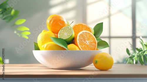 Fresh citrus fruits in a bowl on a sunny kitchen counter, showcasing vibrant lemons, oranges, and limes.