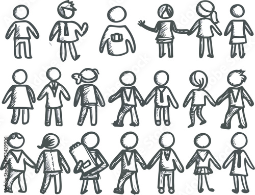 Charcoal doodle sketch of diverse stick figure people including men women and children in business casual attire representing teamwork education community and collaborative concepts in an design