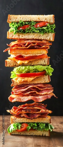 Tall stack of delicious BLT sandwiches with crispy bacon, fresh lettuce, and juicy tomatoes on toasted bread, against a dark background.