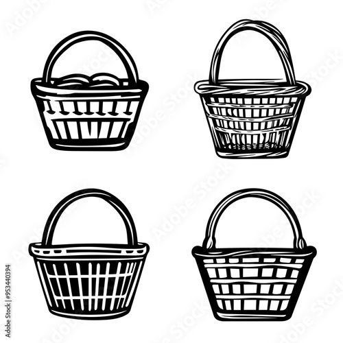 Illustrations of Traditional Woven Baskets A collection of black and white vintage basket designs