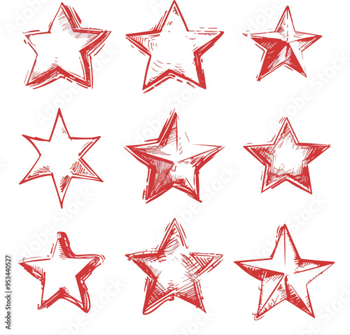 Charcoal doodle scribble nine red hand drawn stars icons isolated on white ideal for rating reviews festive celebration design elements sticker labels badges logos awards rankings