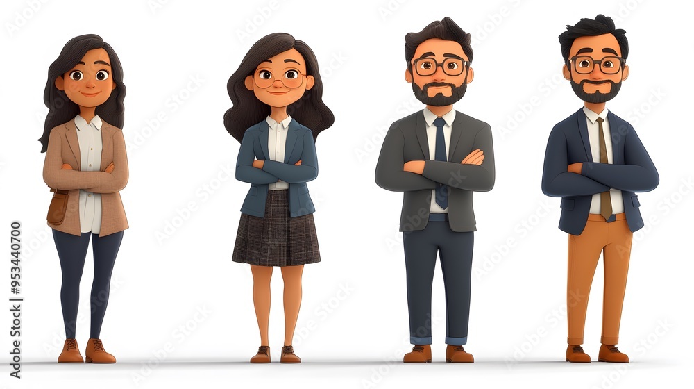 Naklejka premium 3D cartoon style portrait of office workers in professional attire, with a plain white background