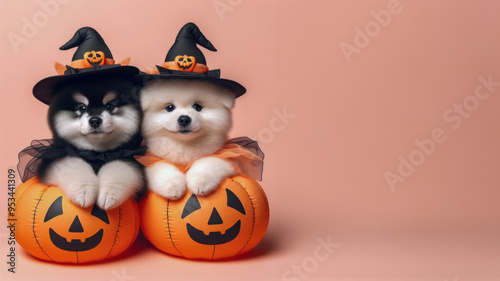 Funny Puppy dog in halloween festival costume on pastel background. Halloween Concept. photo