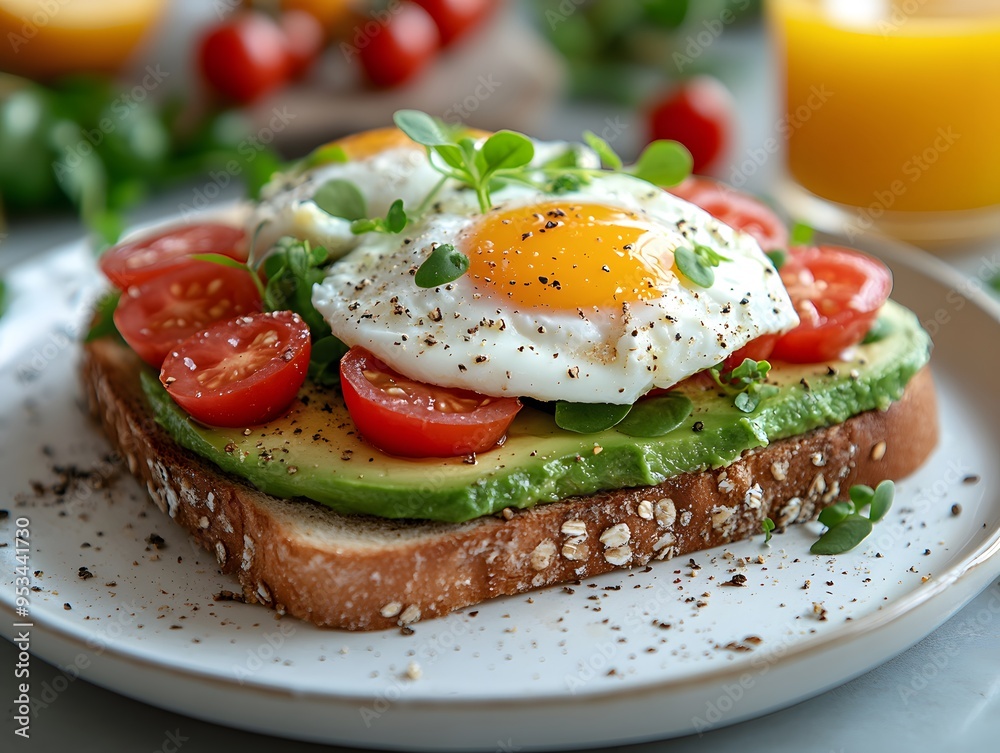 A close-up of a white plate with a healthy breakfast of avocado toast topped with poached eggs, cherry tomatoes, and microgreens, arranged beautifully on a clean kitchen counter. In the background, A close-up of a white plate with a healthy breakfast of avocado toast topped with poached eggs, cherry tomatoes, and microgreens, arranged beautifully on a clean kitchen counter. In the background,