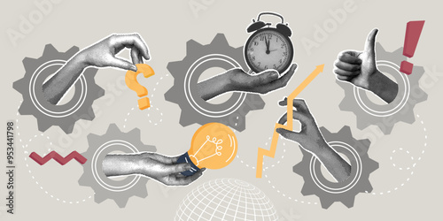 Trendy halftone collage. Working process as a single mechanism, management concept, business development, optimization of the project process and clear guidance for each working position. Vector