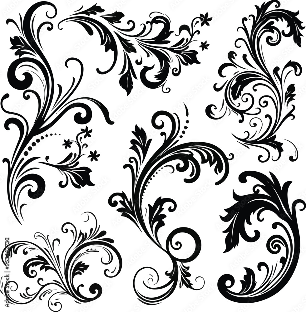 Set of seven black floral decorative elements charcoal doodle scribbles including scrolls flourishes and swirls perfect for wedding invitations scrapbooking crafts vintage designs Set of seven black floral decorative elements charcoal doodle scribbles including scrolls flourishes and swirls perfect for wedding invitations scrapbooking crafts vintage designs