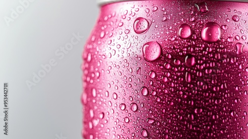 Classic Pink Soda Can with Condensation Drops - Photorealistic Detail on Clean White Background
