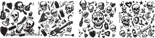 Charcoal doodle art rock music skull guitar and skateboard designs in style perfect for graphic design projects and creative s showcasing edgy elements photo