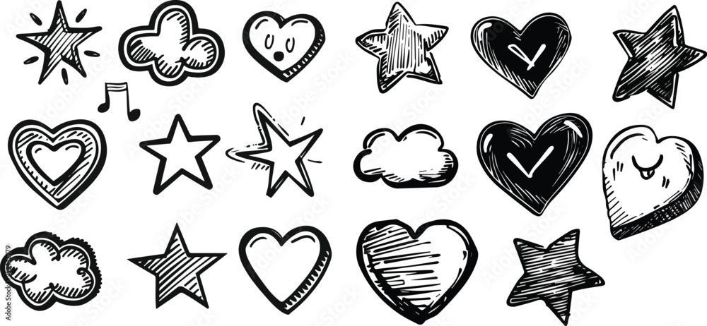 Charcoal Doodle Scribble Hand Drawn Stars Hearts Clouds Graphic Elements Set for Scrapbook Decoration Black White Clipart Collection Love Romantic Design Wedding Invitation Card Making Charcoal Doodle Scribble Hand Drawn Stars Hearts Clouds Graphic Elements Set for Scrapbook Decoration Black White Clipart Collection Love Romantic Design Wedding Invitation Card Making