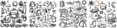 Charcoal Doodle Scribble Icon Set Summer Camping Hiking Travel and Vacation Adventures with Hand Drawn Illustrations of Backpacker and Travel Elements on Transparent