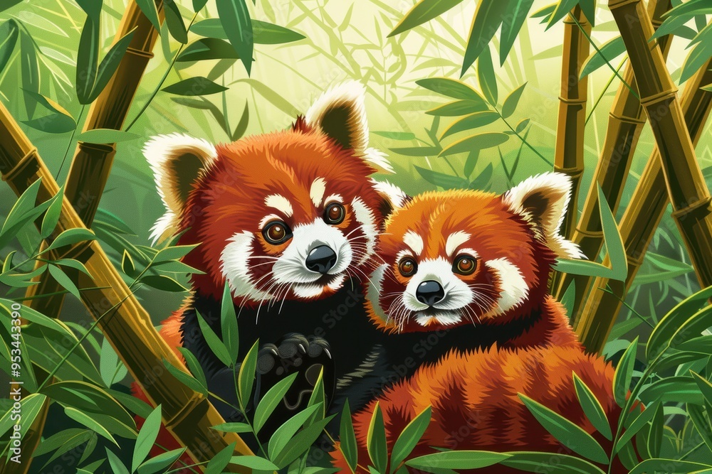 Two adorable red pandas sit among lush bamboo foliage, their wide eyes filled with curiosity. The vibrant greenery and their soft fur create a charming and heartwarming scene. Two adorable red pandas sit among lush bamboo foliage, their wide eyes filled with curiosity. The vibrant greenery and their soft fur create a charming and heartwarming scene.