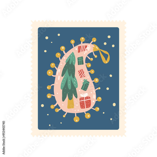 Christmas post stamp. Glass bauble in paisley shape. Happy New Year retro design. Vector hand drawn flat illustration isolated on white background. photo