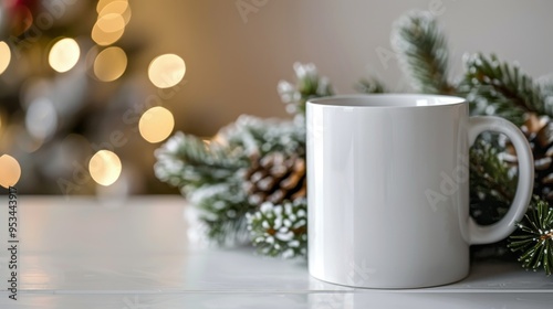 White Blank Mug Mockup with Minimalist Christmas Wreath in Background