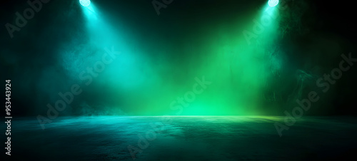 Fantasy Green Surreal Backdrop Background of empty room with spotlights and lights, abstract green background with neon glow