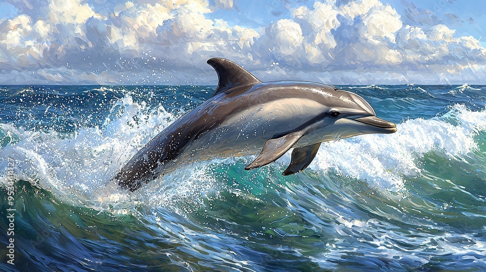 Fototapeta premium A Dolphin Jumps from Water against a Blue Sky and White Clouds