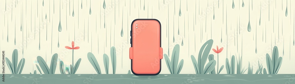 A whimsical smartphone illustration surrounded by greenery and raindrops, evoking a playful yet serene digital nature theme. A whimsical smartphone illustration surrounded by greenery and raindrops, evoking a playful yet serene digital nature theme.