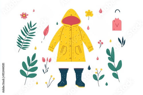 Bright yellow raincoat with boots surrounded by plants and flowers, perfect for spring or rainy day illustrations.