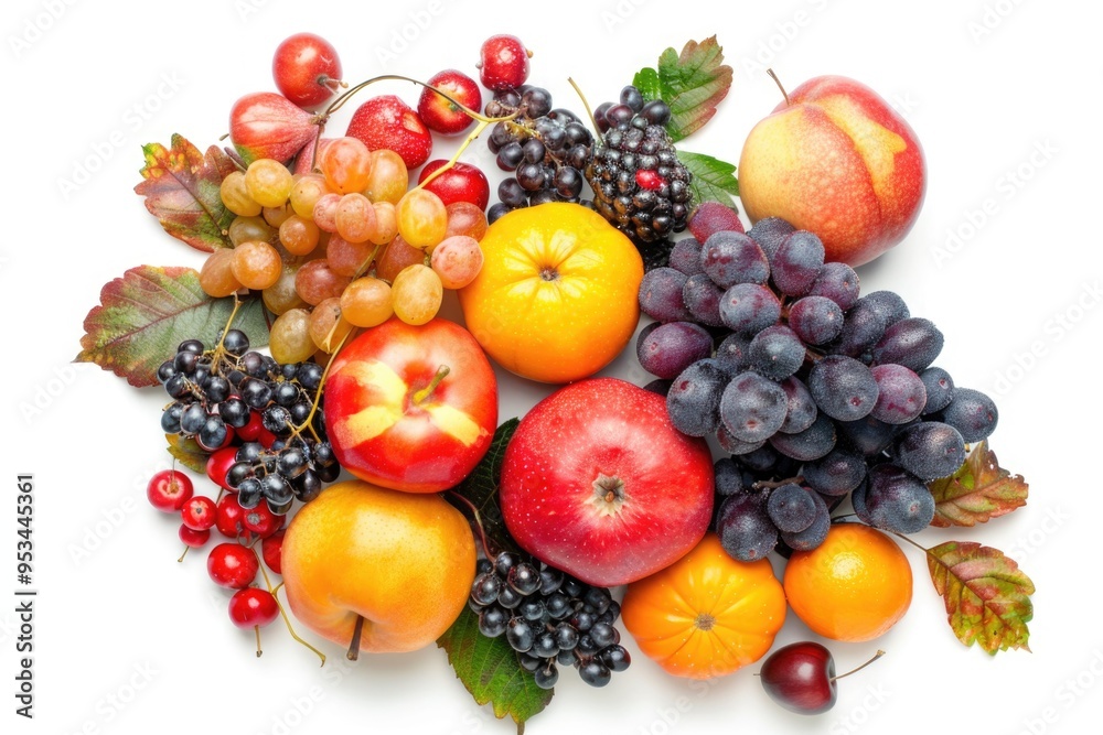 A colorful mix of fresh fruits piled together, featuring apples, oranges, grapes, and plums A colorful mix of fresh fruits piled together, featuring apples, oranges, grapes, and plums