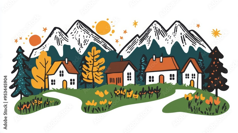Charming alpine village landscape during Oktoberfest with mountains and colorful trees Charming alpine village landscape during Oktoberfest with mountains and colorful trees