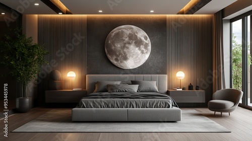 Modern bedroom with moonlit walls and lunar themed decor accents