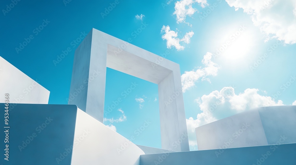 3d geometric showcase with beautiful blue sky background