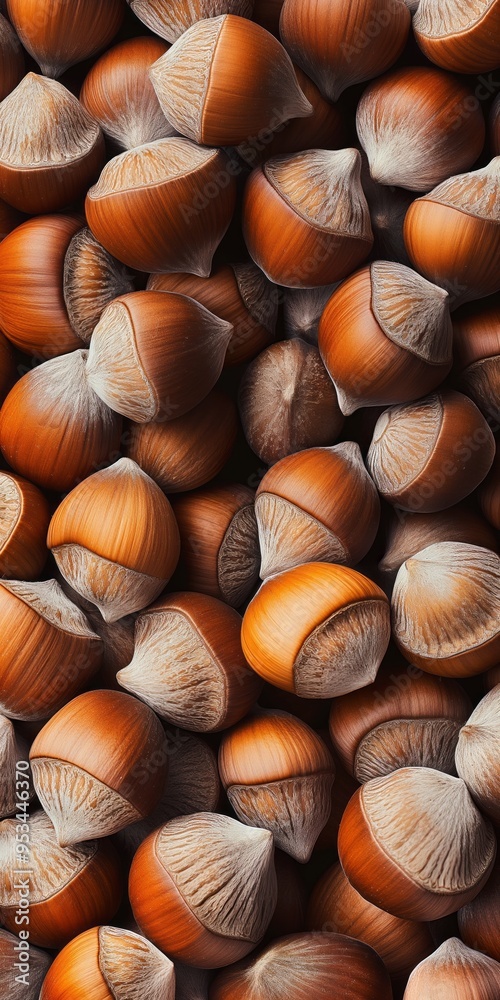 Close-up of hazelnuts filling the frame, creating a textured natural pattern. Close-up of hazelnuts filling the frame, creating a textured natural pattern.