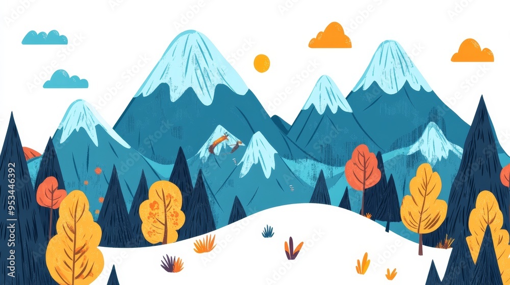 Naklejka premium Charming Oktoberfest alpine landscape on a white background featuring mountains and autumn trees