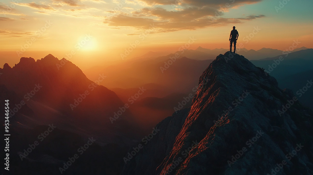 aerial view a man hiker on the top mountain with sunset view