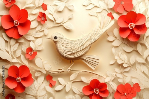 Charming Bird and Flowers Paper Cut Artwork Perfect for Invitations or Cards