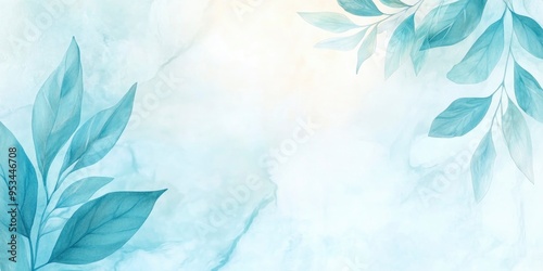 Blue azure turquoise abstract watercolor background with leaves pattern