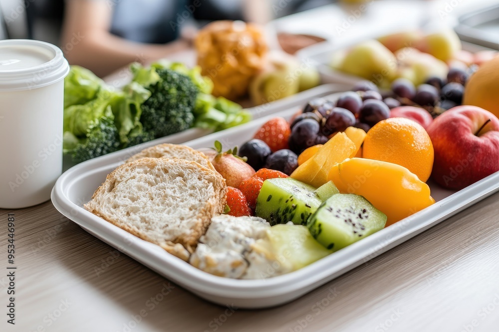 Healthy School Lunch: A well-balanced school lunch tray with fruits, vegetables, grains, and a small carton of milk. The tray is placed on a wooden table, and in the background, children can be seen e Healthy School Lunch: A well-balanced school lunch tray with fruits, vegetables, grains, and a small carton of milk. The tray is placed on a wooden table, and in the background, children can be seen e
