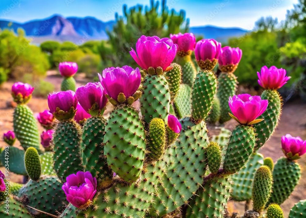 Vibrant green prickly pear cactus grows in arid landscape, adorned with bright pink flowers and bearing distinctive rounded pads covered in sharp, protective spines. Vibrant green prickly pear cactus grows in arid landscape, adorned with bright pink flowers and bearing distinctive rounded pads covered in sharp, protective spines.