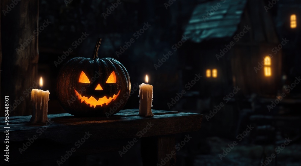 Obraz premium Halloween, citrouille avec des bougies sur une table en bois dans une pièce sombre, concept de fête d'automne effrayante.