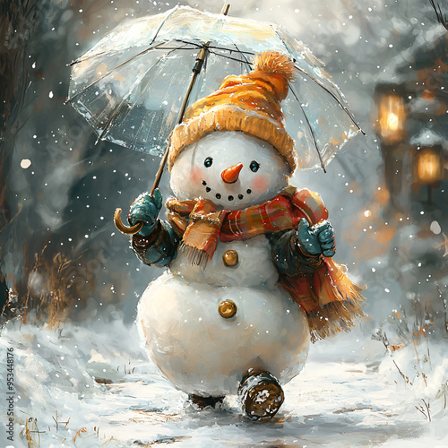 Happy snowman watercolor carrying umbrella,Christmas cute background, 