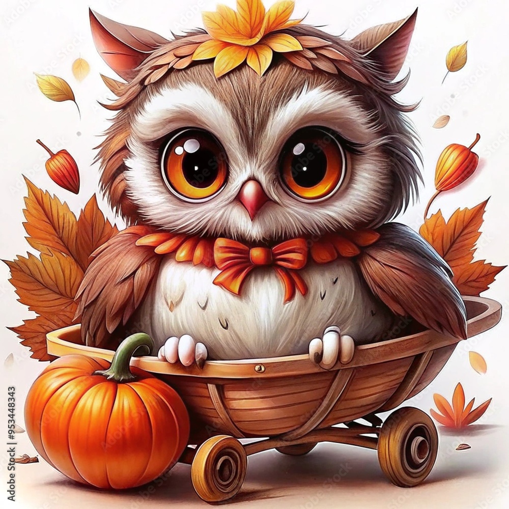Obraz premium a cute, cartoon-style illustration of an owl. The owl has large, expressive eyes and is sitting in a small wooden cart with wheels. It is adorned with a bow around its neck and a crown of autumn leav